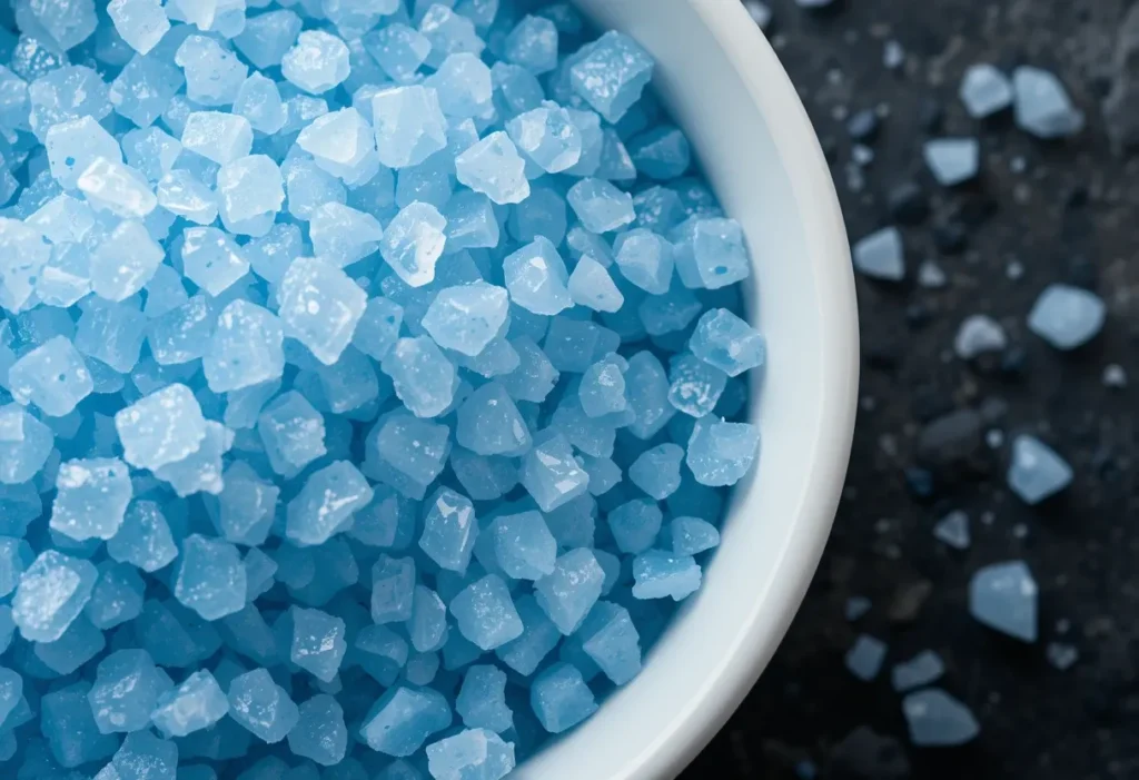 Close-up of Persian blue salt crystals in a ceramic bowl