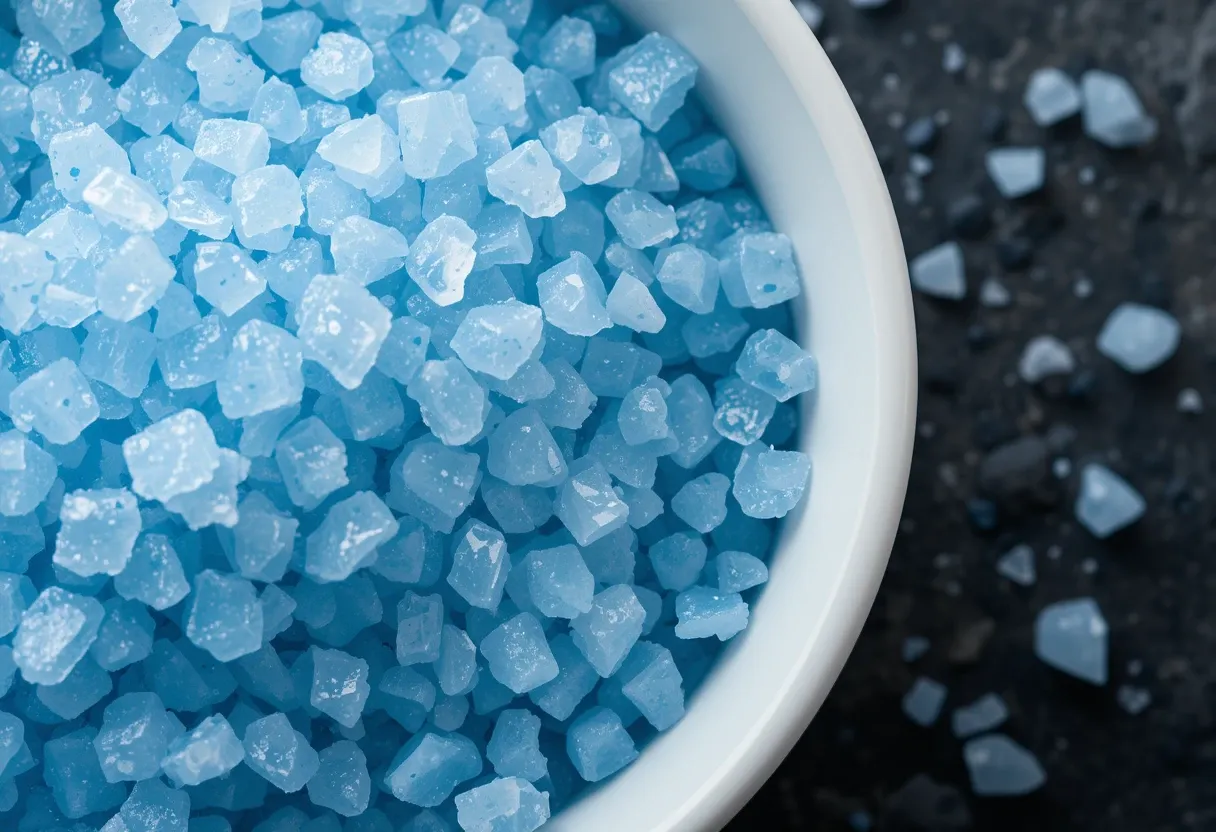 Close-up of Persian blue salt crystals in a ceramic bowl