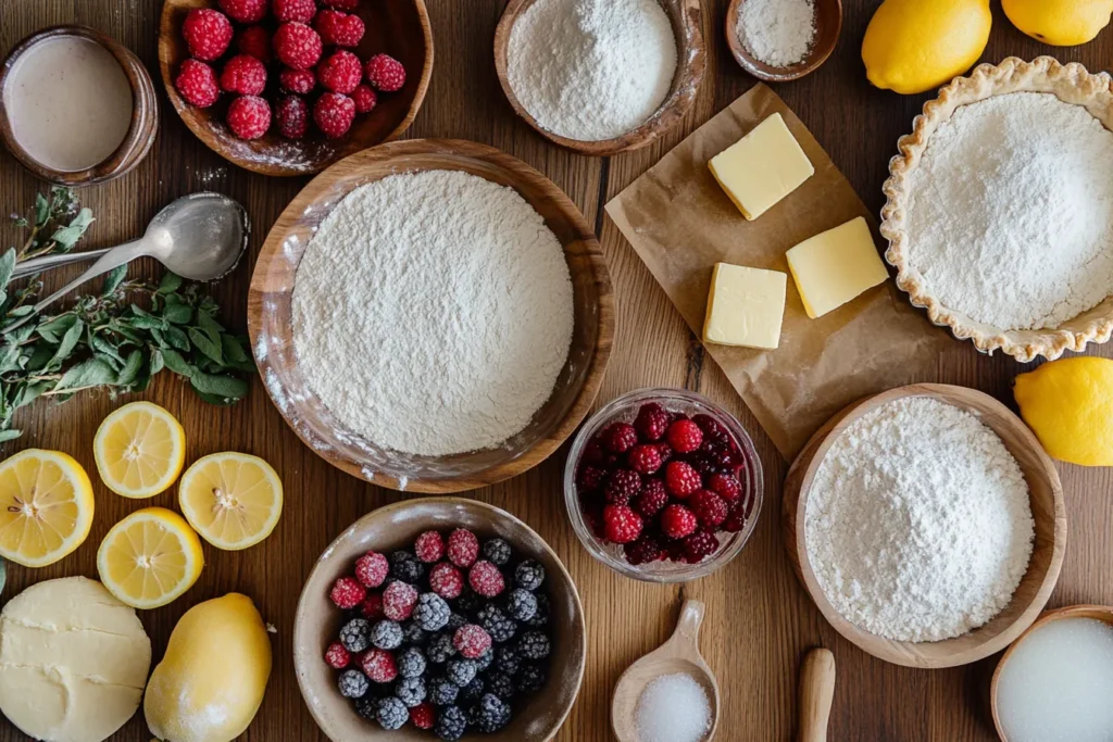 Ingredients for goumi berry pie on kitchen counter