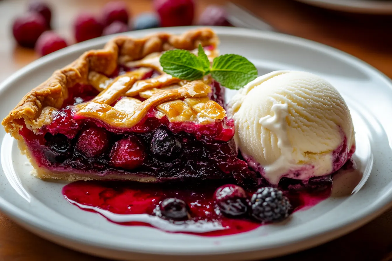 Slice of goumi berry pie with vanilla ice cream