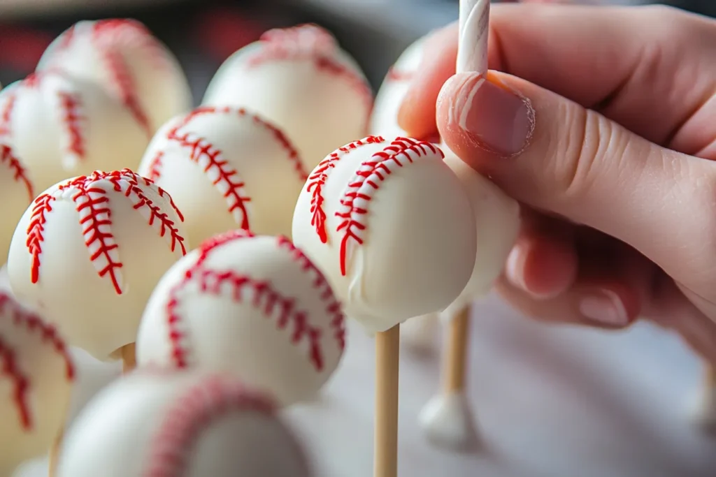 Close-up of piping stitches onto cake pop