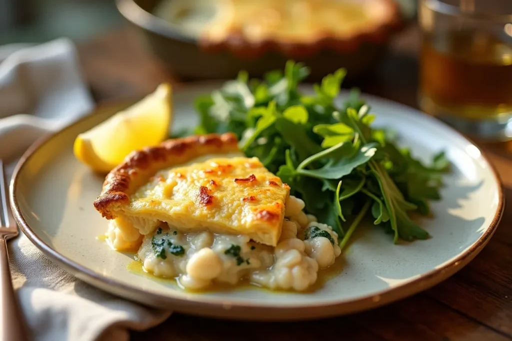 A plated slice of lemon herb chicken pot pie with a fresh salad