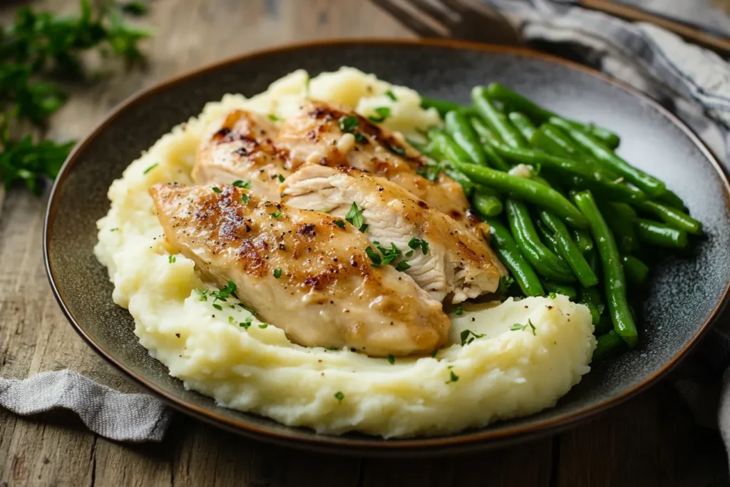 Stoved chicken served with mashed potatoes and green beans