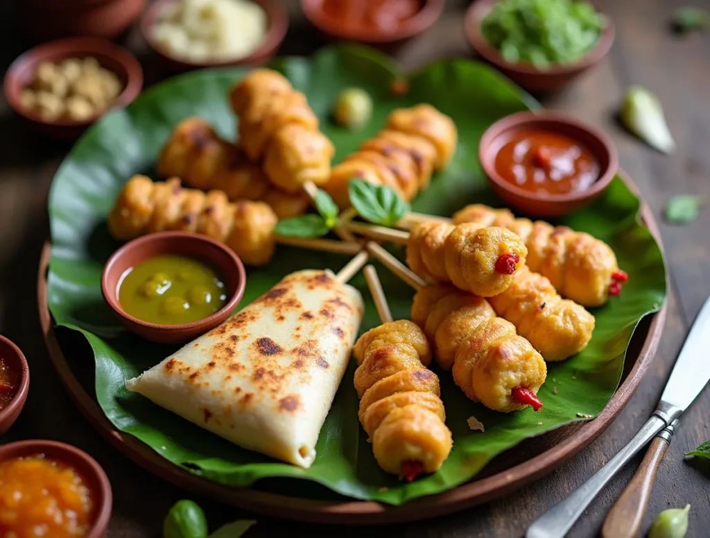 South Indian mini idlis and dosa rolls on skewers