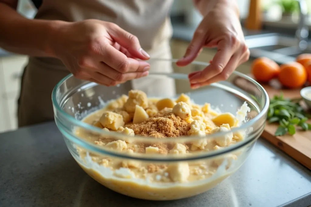 Mixing banana bread batter with cottage cheese in a glass bowl