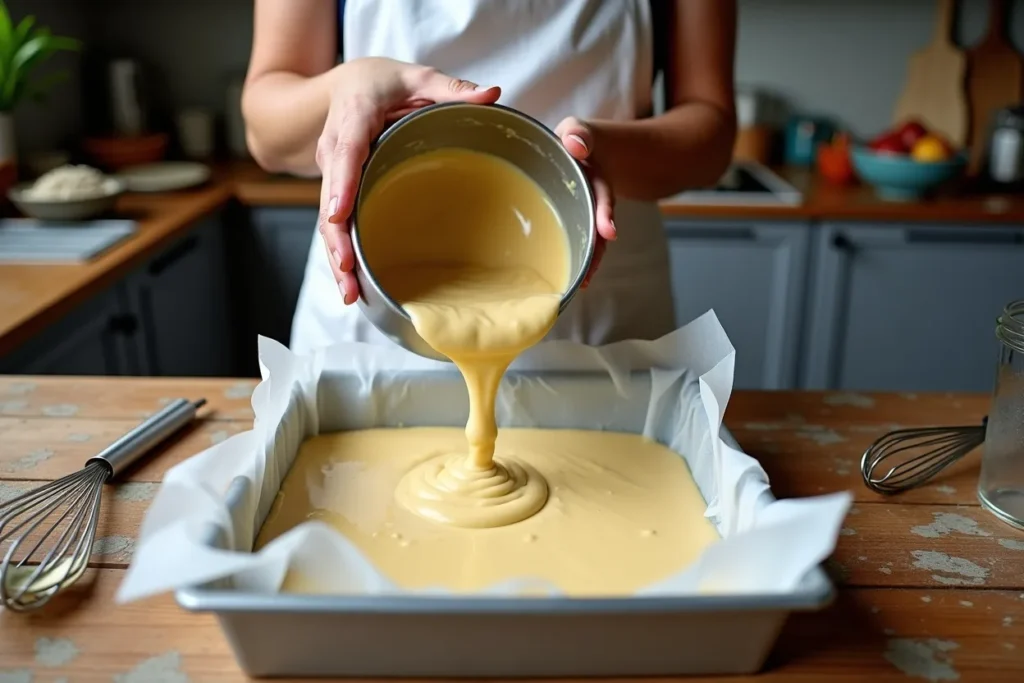 Banana oat mixture being poured into a baking tray