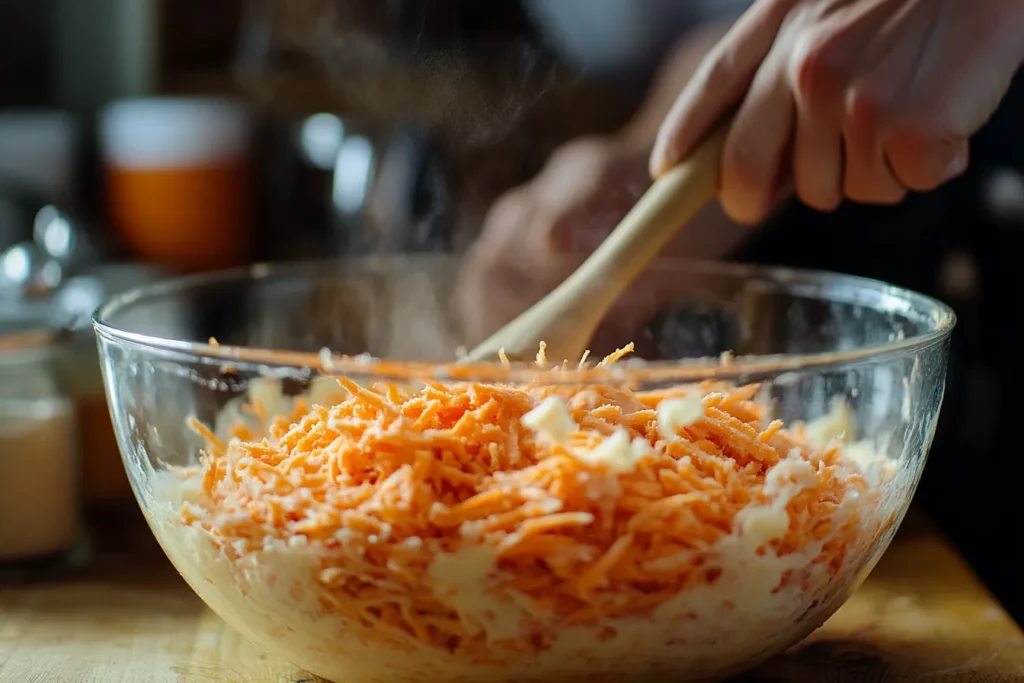 Mixing carrot cake batter in a glass bowl