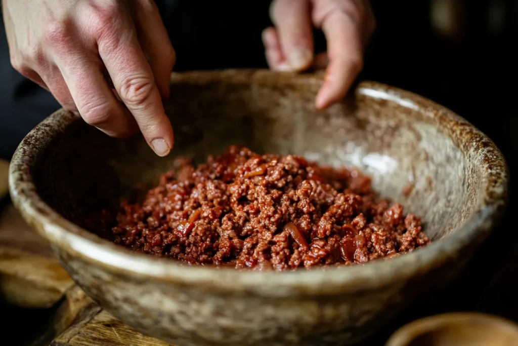 Mixing ground beef with chorizo spices