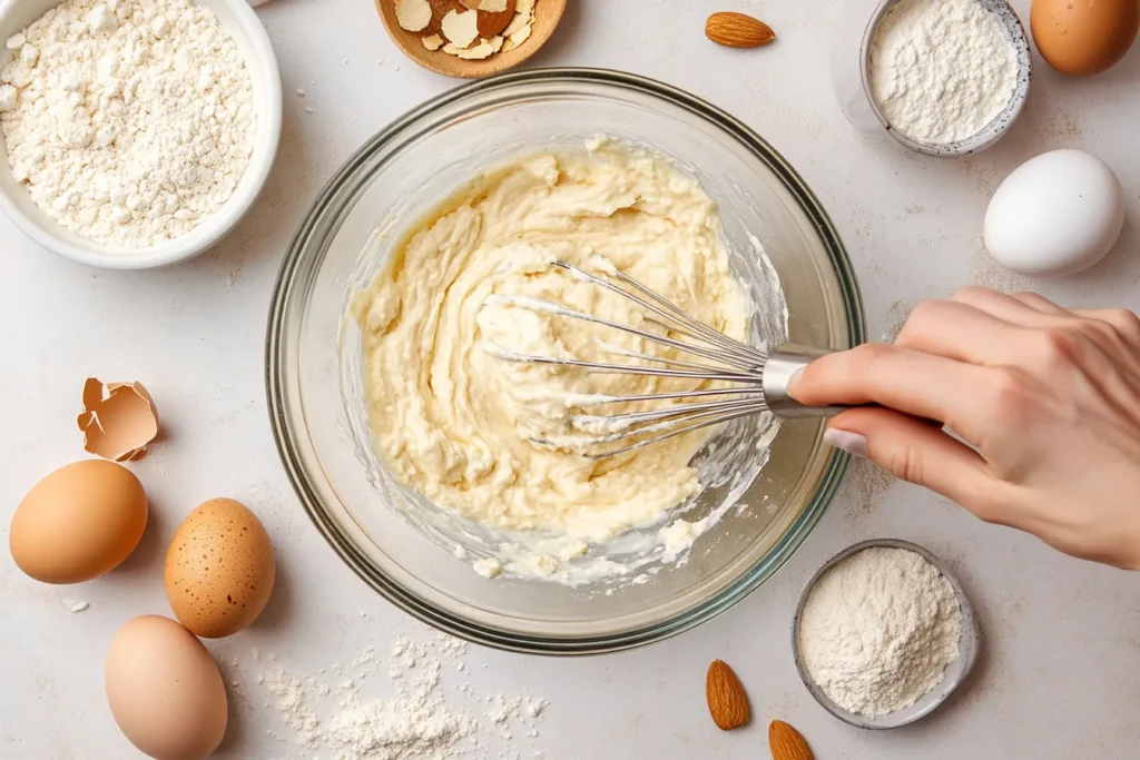 Keto pancake batter being whisked in a glass bowl