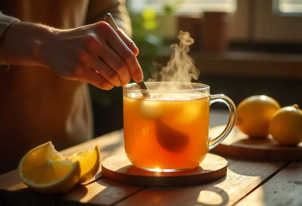 Person stirring a mug of lemon ginger honey tea