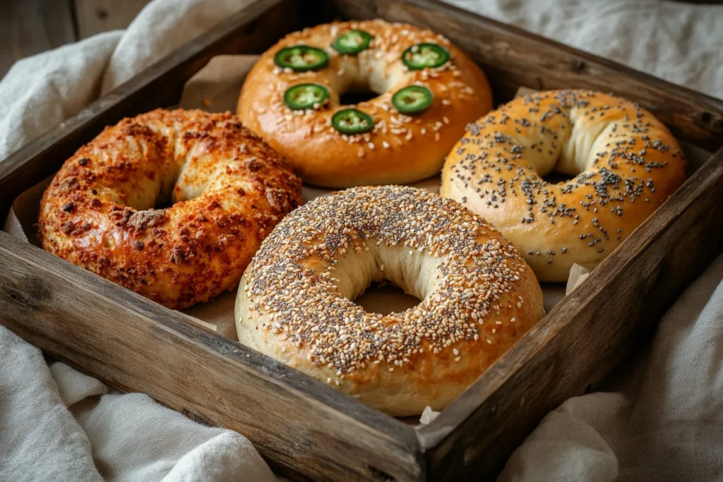 Three varieties of protein bagels with different toppings