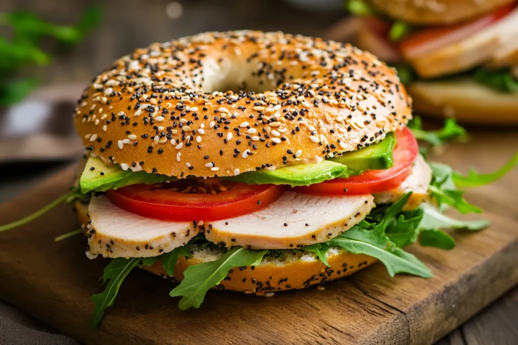 Healthy bagel sandwich with turkey and avocado