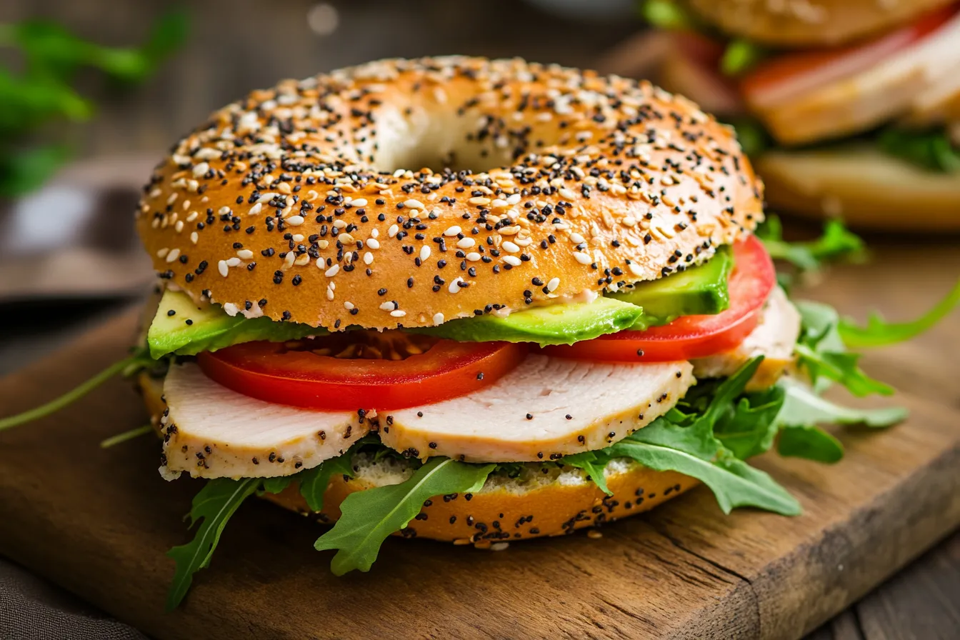 Healthy bagel sandwich with turkey and avocado