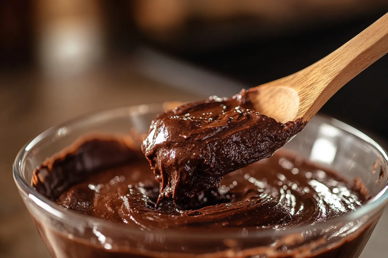 creamy chocolate protein brownie batter in a glass bowl
