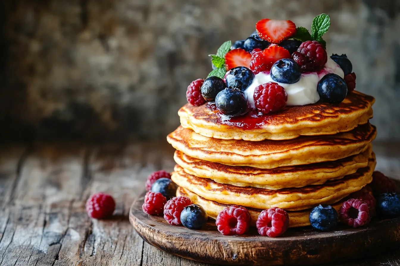 Stack of golden-brown protein pancakes with carrots