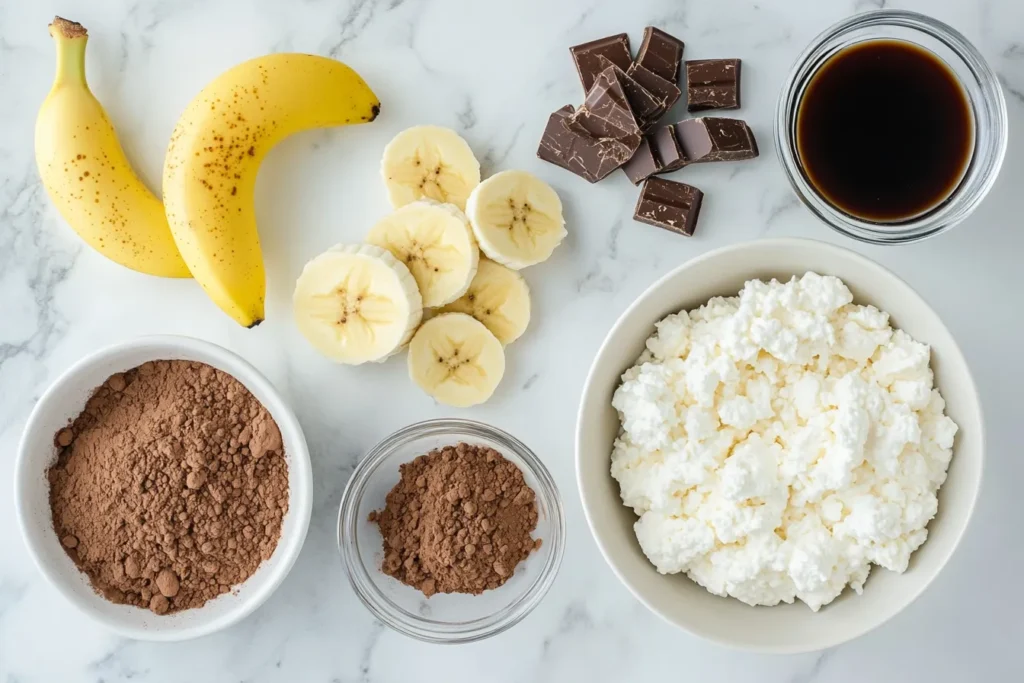 Ingredients for cottage cheese chocolate pudding laid out