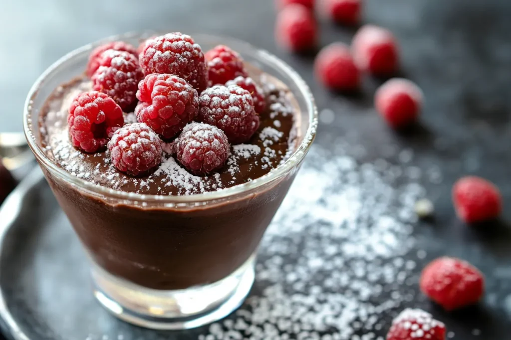 Chocolate mousse topped with raspberries
