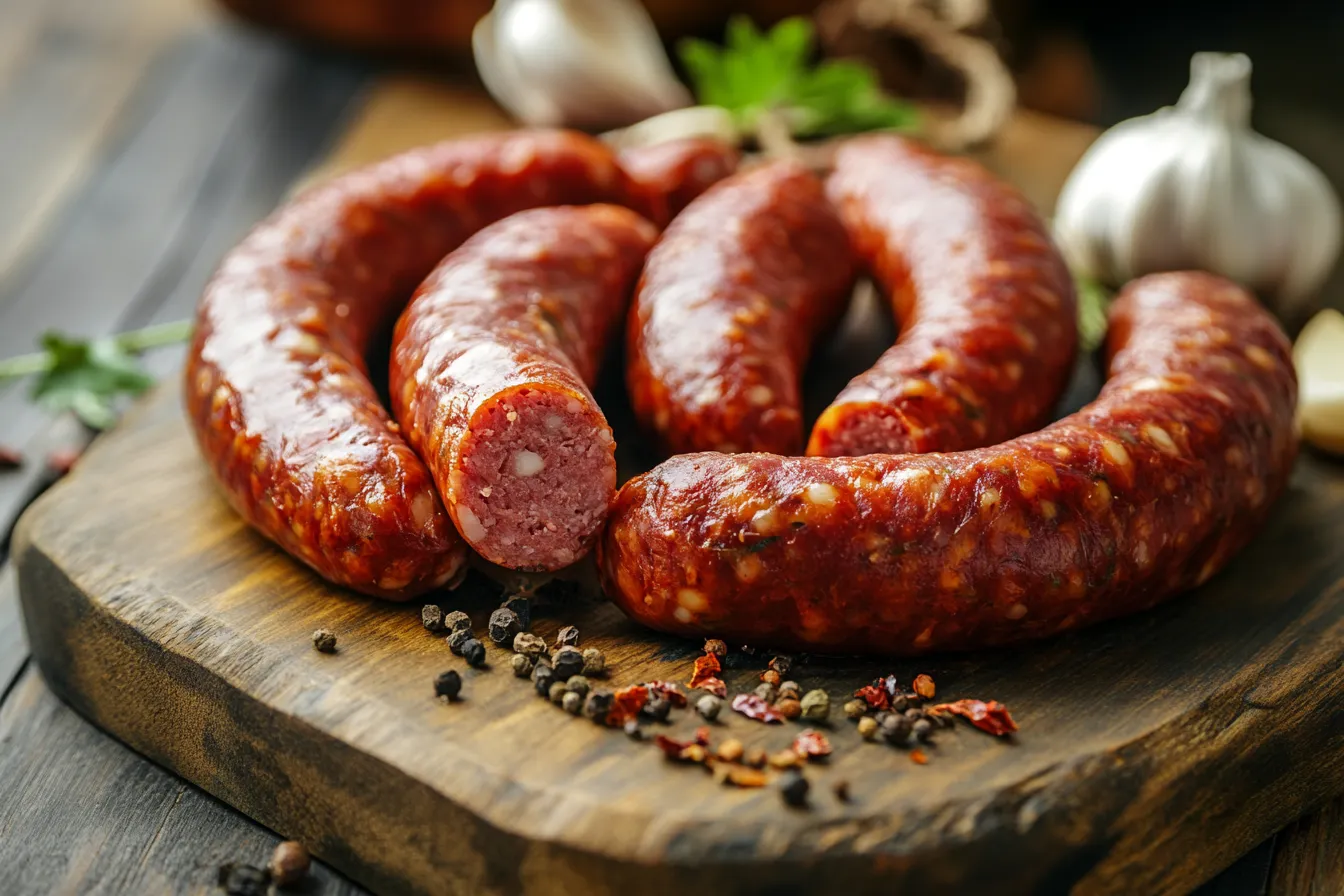 Raw beef chorizo on a wooden board