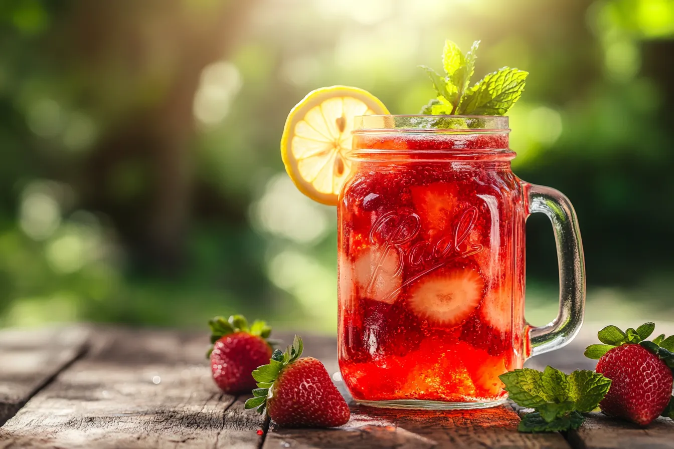 Freshly poured strawberry lemonade in a mason jar
