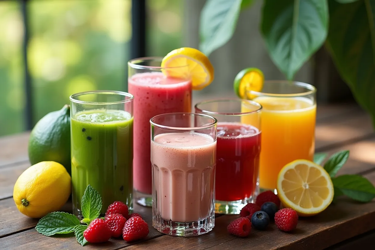 Assorted kratom drinks in colorful glasses on a wooden table