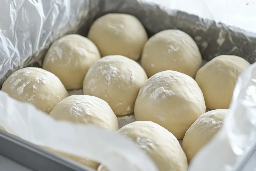 Shaped dough balls in a baking tray ready to rise