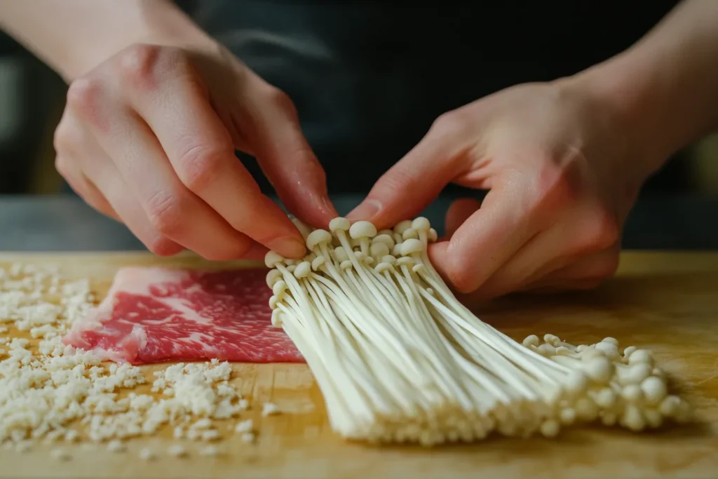 Hands wrapping enoki mushrooms in thin beef slices