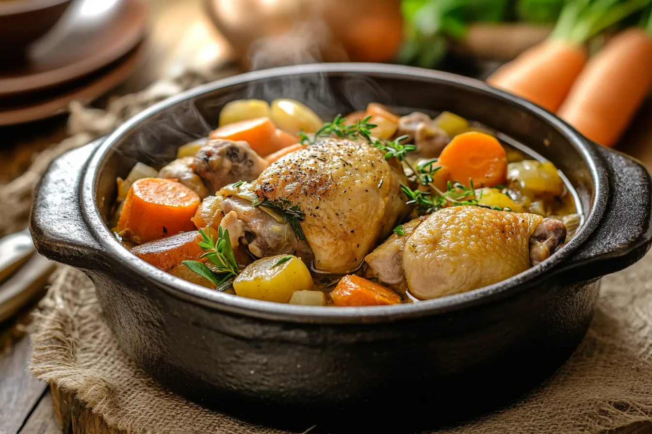 A steaming pot of stoved chicken with vegetables