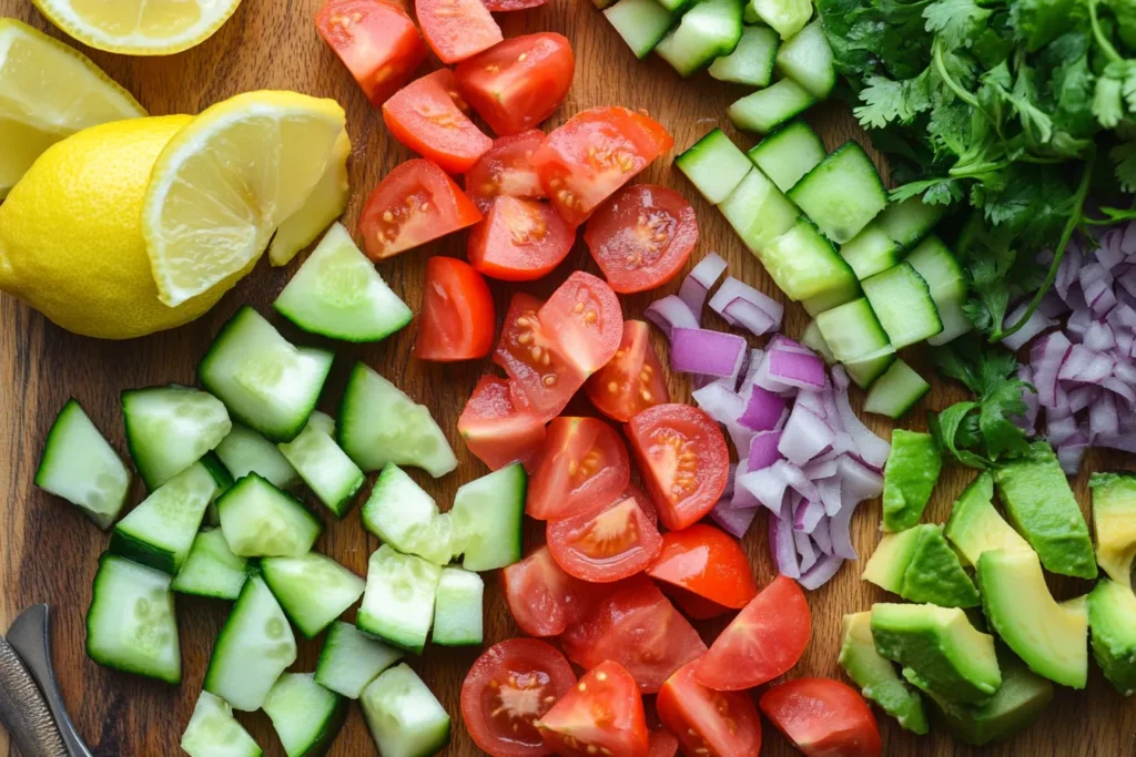 Chopped ingredients laid out for making cucumber tomato avocado salad