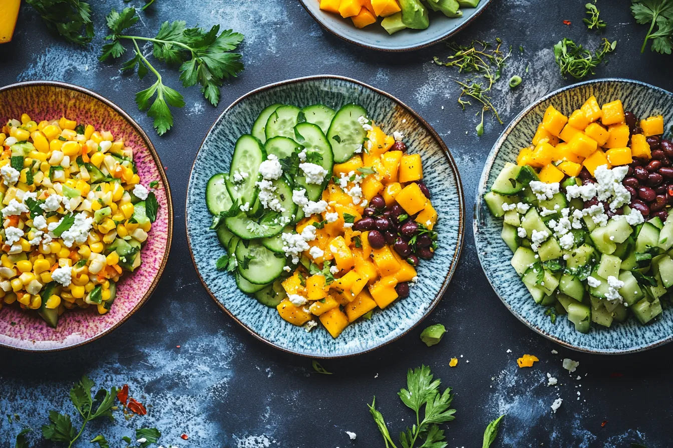 Different versions of the salad with beans, feta, and mango