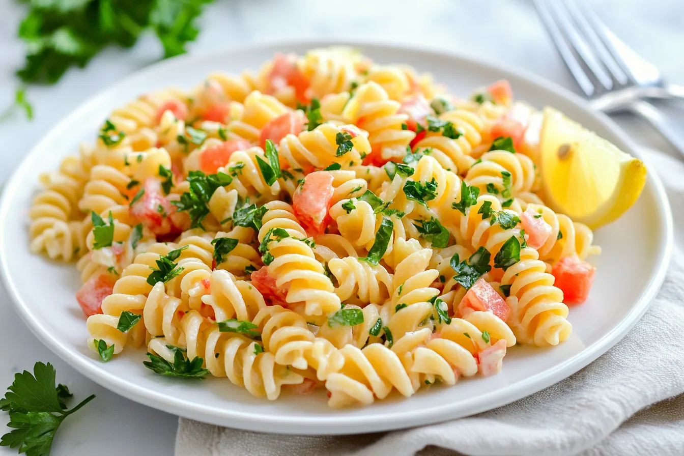 Served high protein pasta salad with lemon wedge
