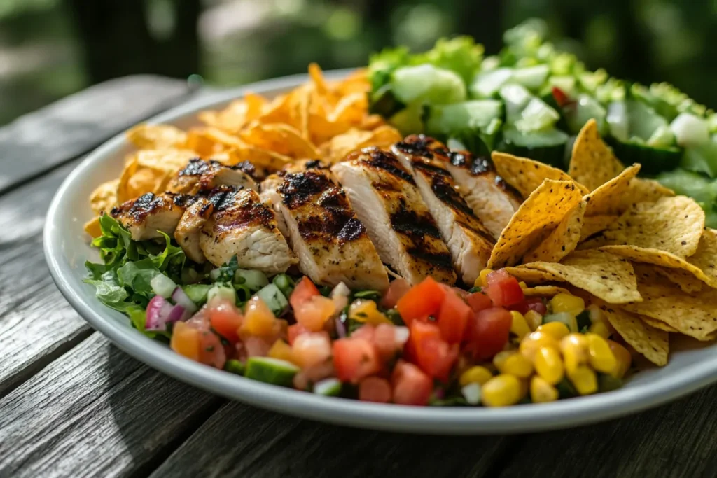 Salad served with grilled chicken and tortilla chips