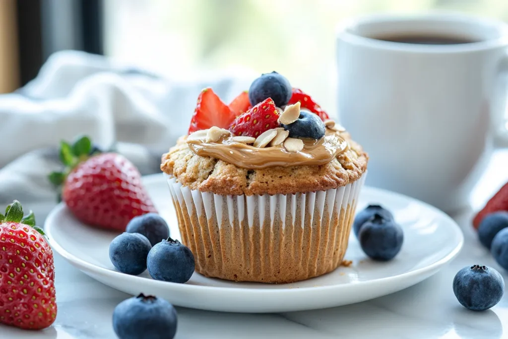 Protein muffin served with almond butter and fresh fruit