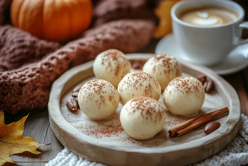 pumpkin cheesecake balls on a fall-themed platter