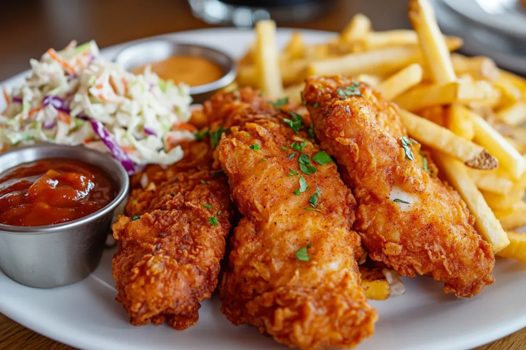 Plated spicy chicken tenders with sides