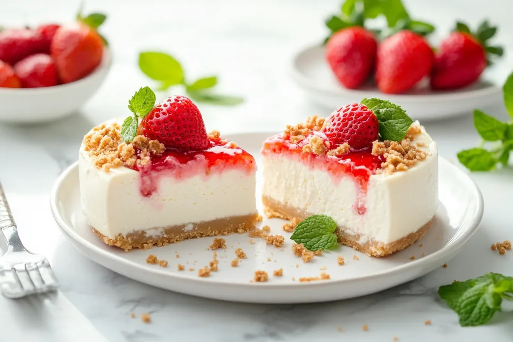 “Strawberry crunch cheesecake slices served on dessert plates”