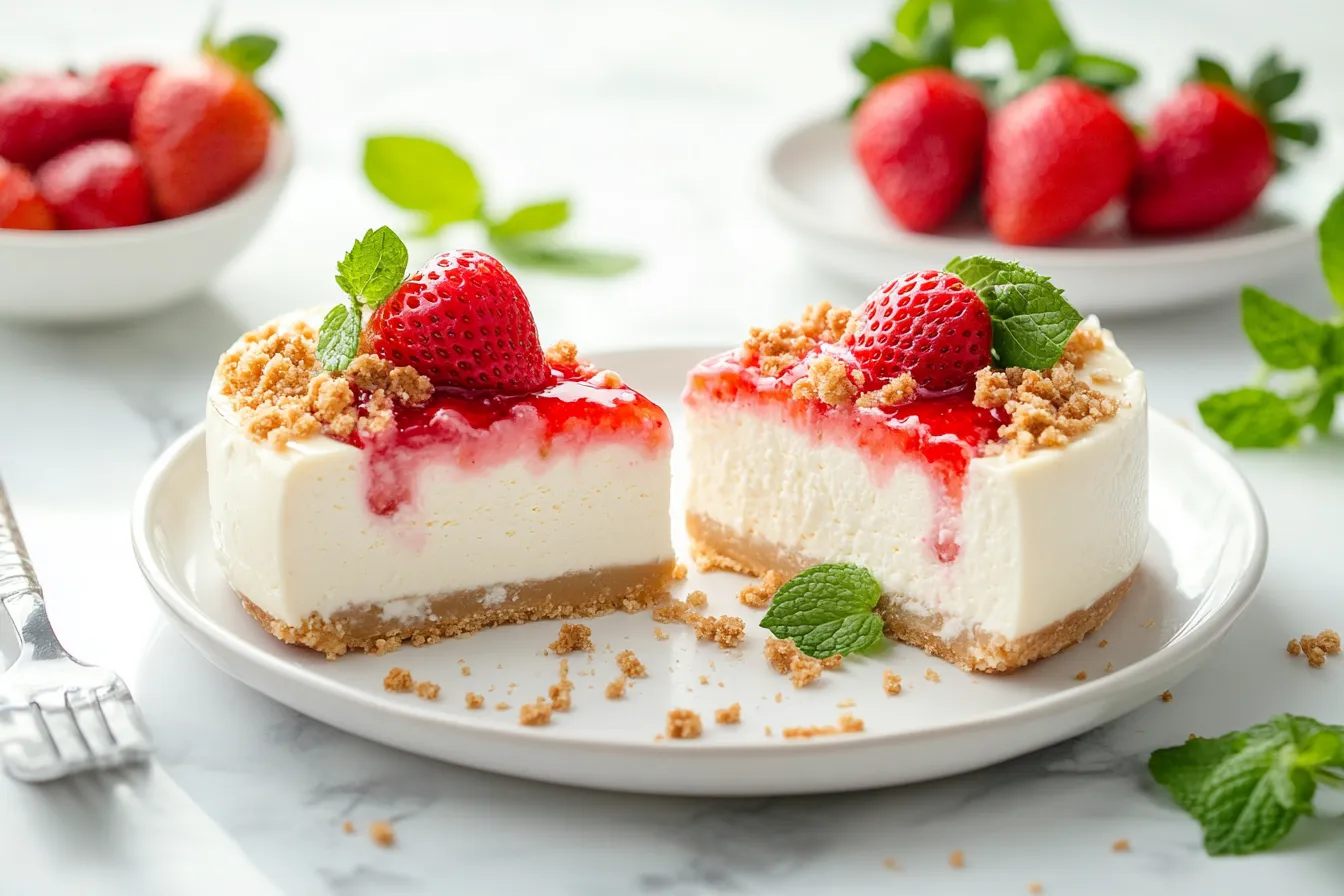 “Strawberry crunch cheesecake slices served on dessert plates”