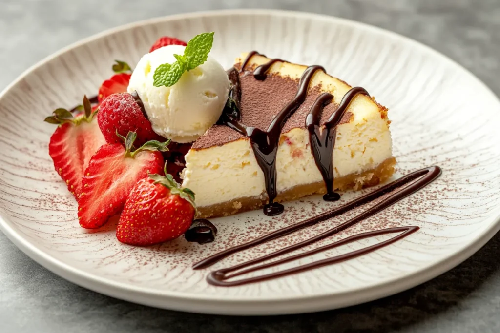 “tempura cheesecake served with chocolate sauce”