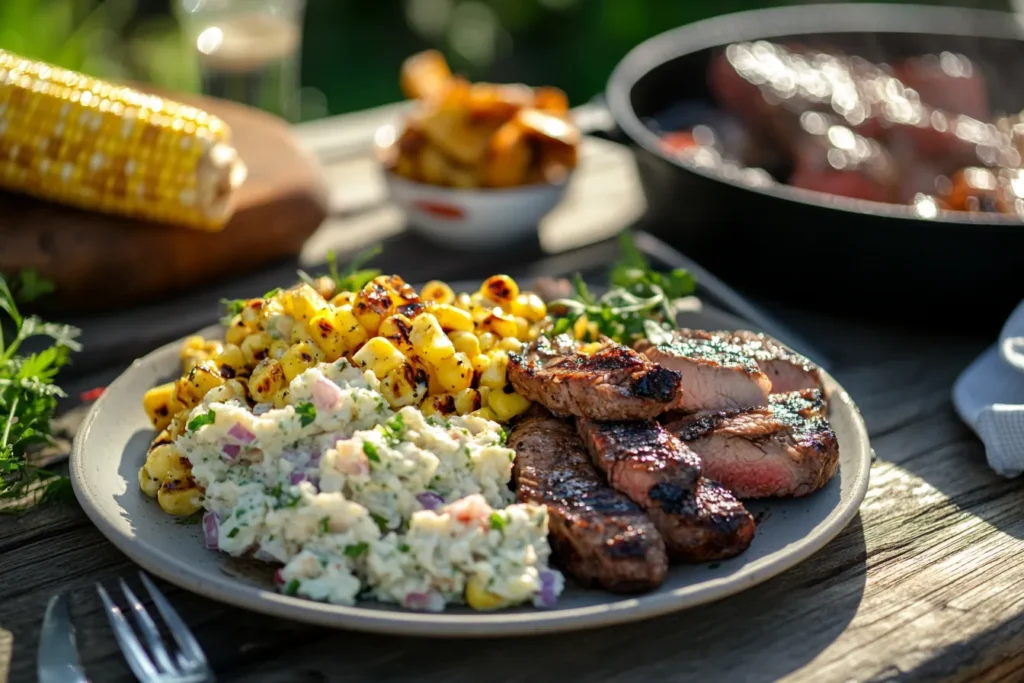 Smashed potato salad served with BBQ grilled meats
