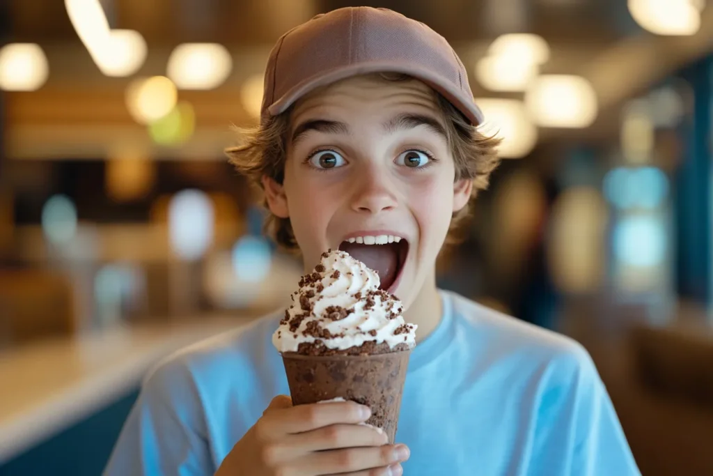 Teen holding Frosty with excited reaction, TikTok-style
