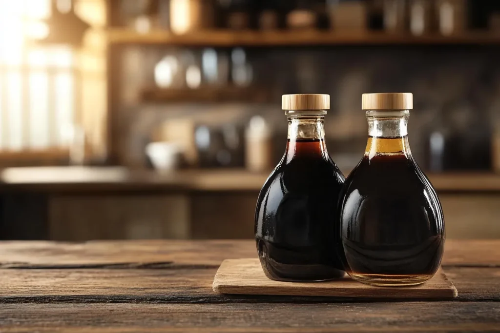Japanese soy sauce and mirin bottles on a wooden table