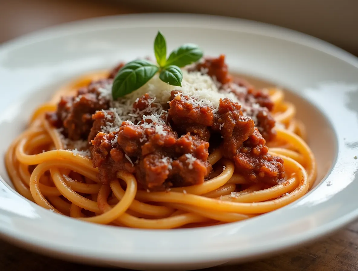 “Spaghetti and meat sauce in a white ceramic bowl with Parmesan”