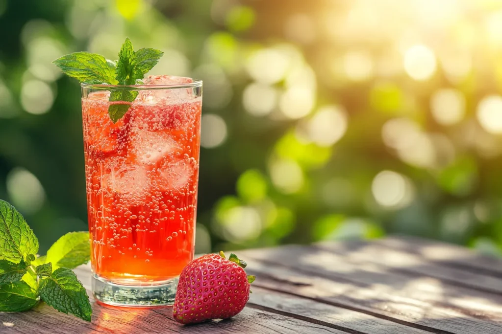 Sparkling strawberry lemonade in a tall glass