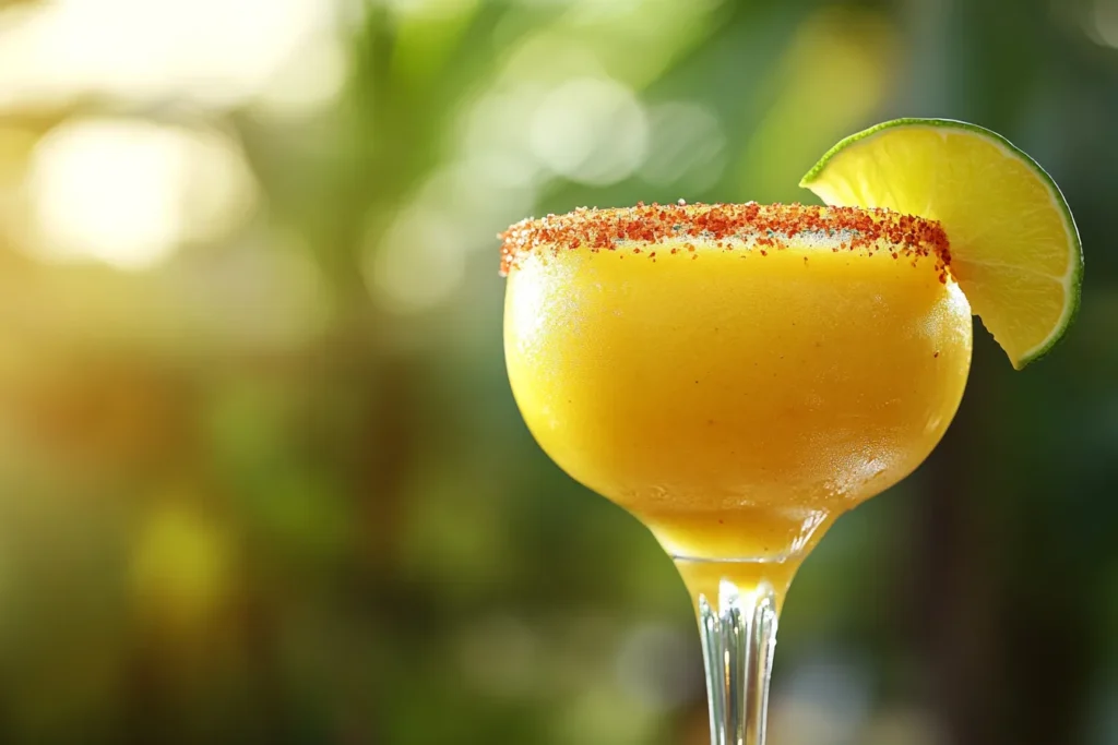 Glass of frozen mango margarita with chili rim