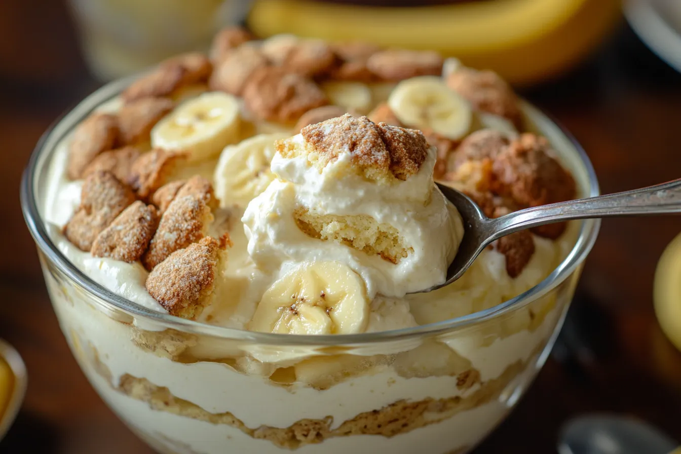 A spoon lifting a scoop of banana pudding out of a dish