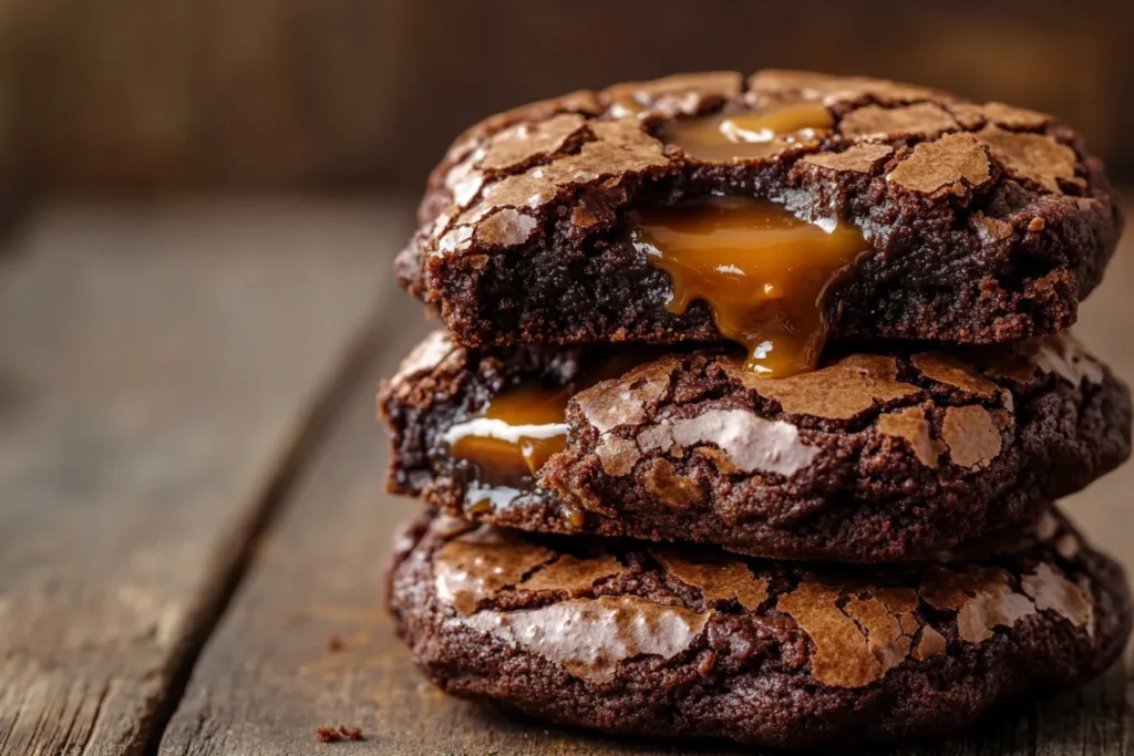 stacked turtle brownie cookies on a napkin
