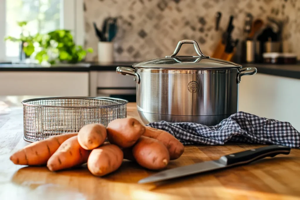 Steamer basket, sweet potatoes, and a kitchen pot on a counter