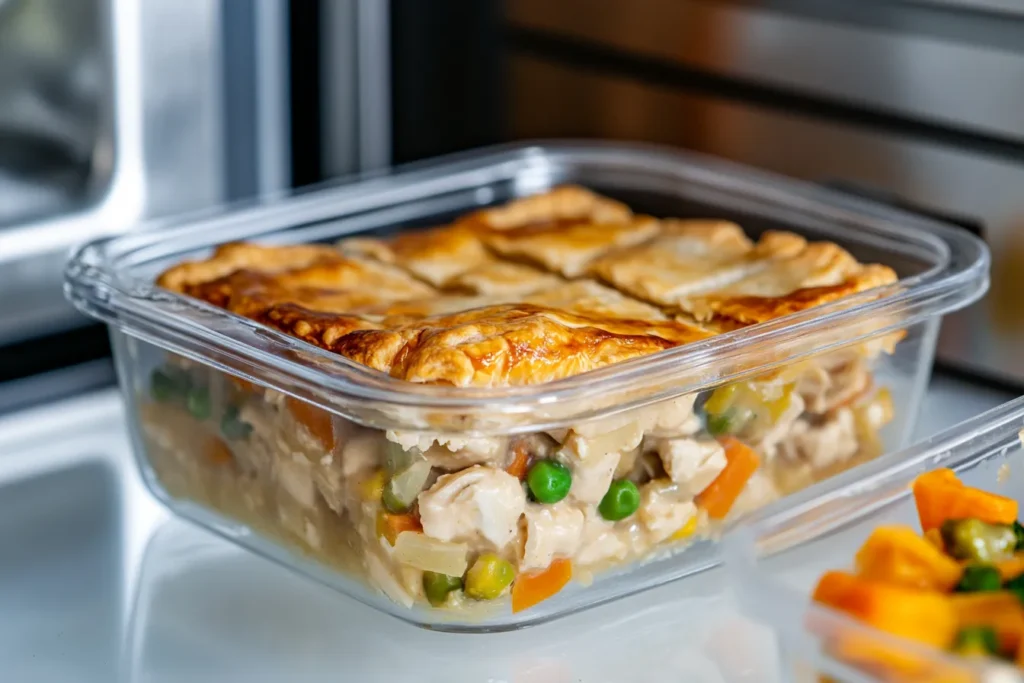 Chicken pot pie stored in a container