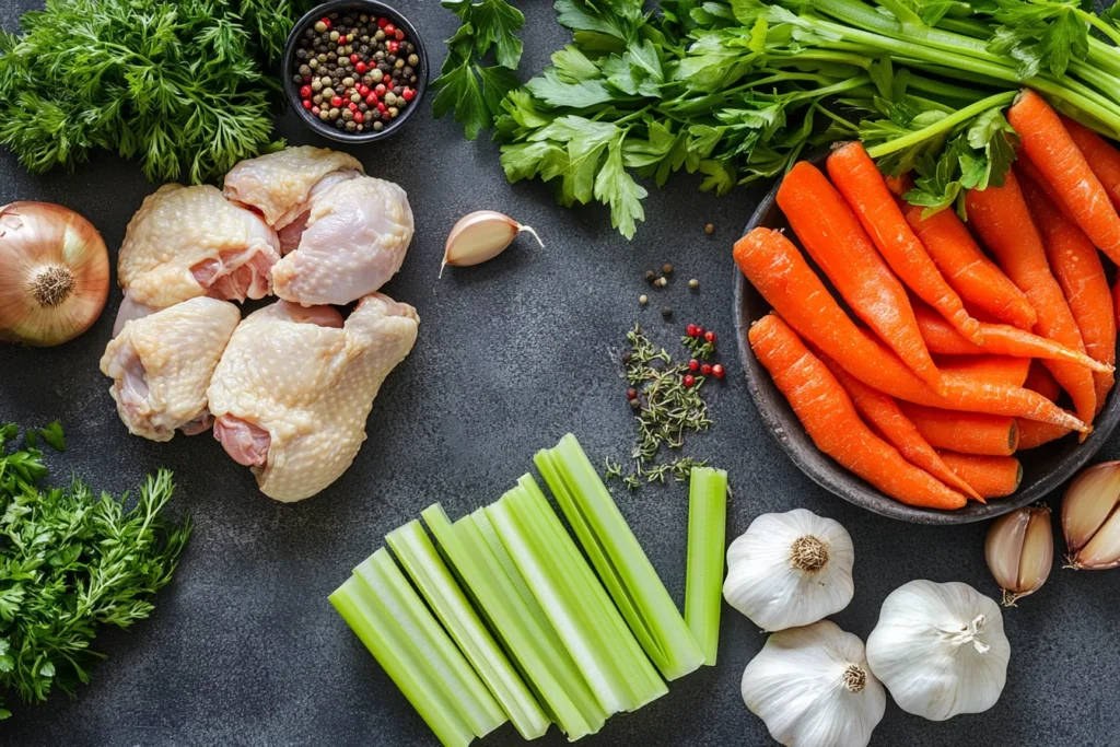 Fresh ingredients for stoved chicken laid on a table