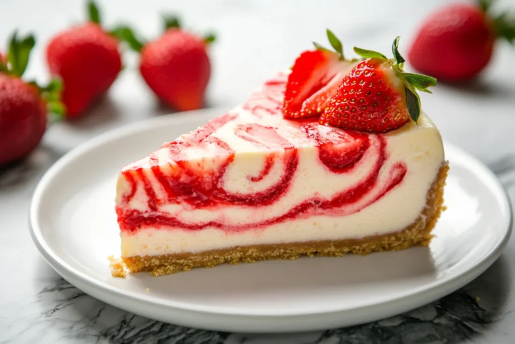 “Strawberry swirl cheesecake slice”