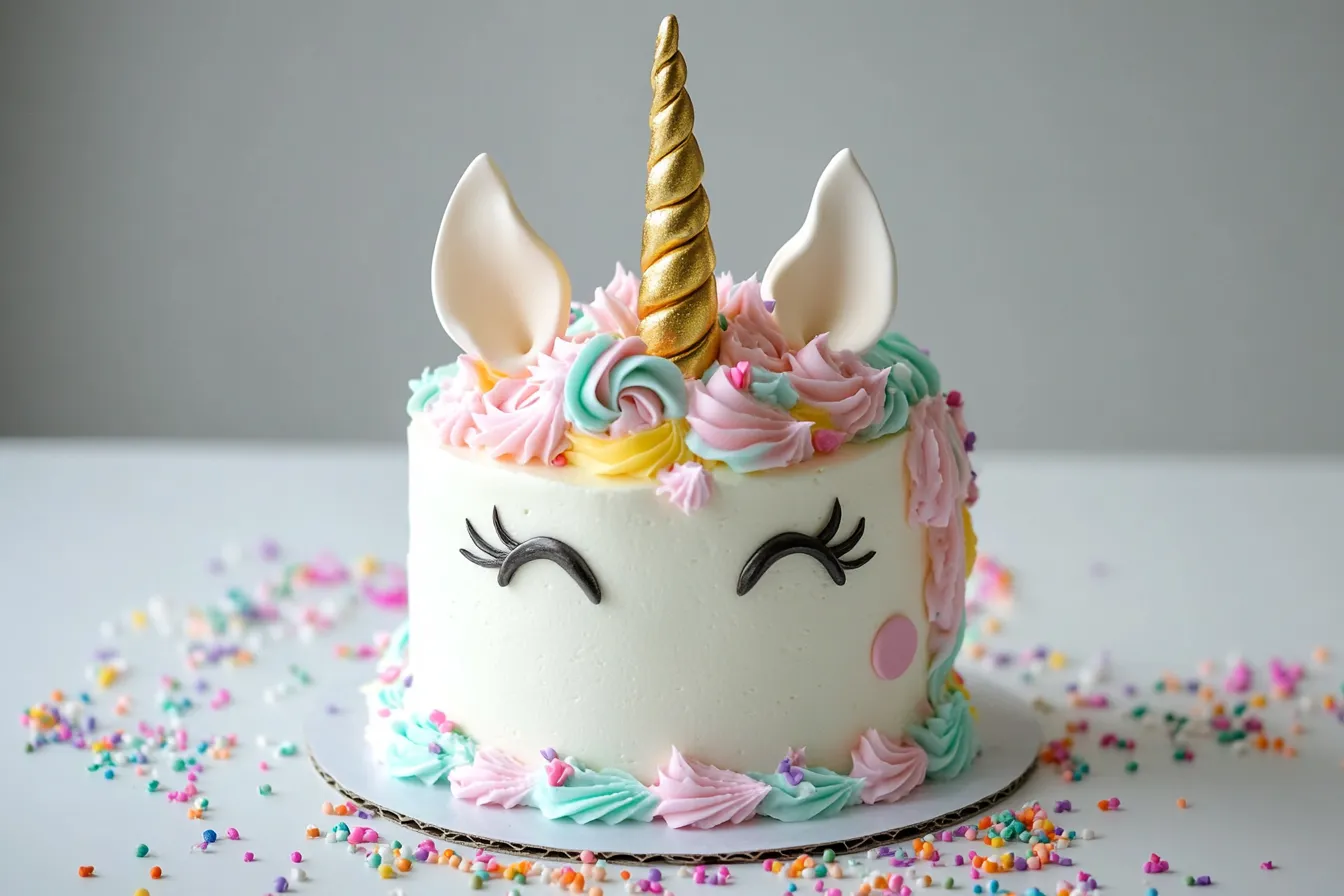 "Colorful unicorn cake with gold horn and rainbow mane"